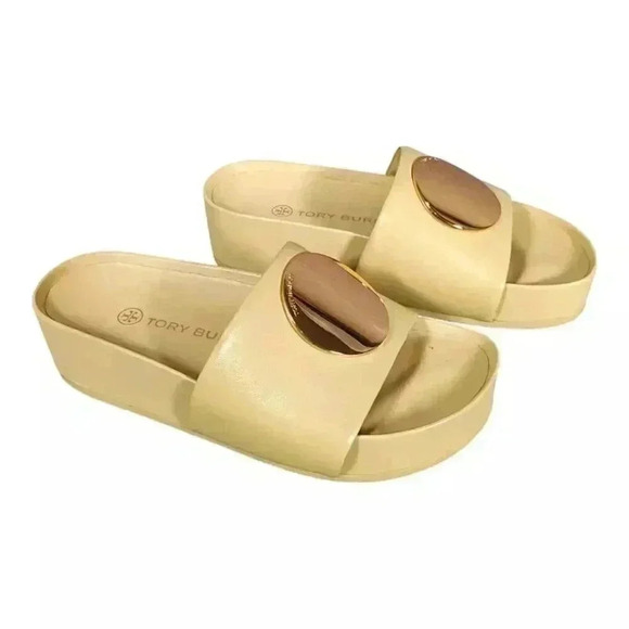 Tory Burch Patos Leather Platform Slide Sandals 5 - Women's Stylish Summer Shoes - Picture 1 of 9